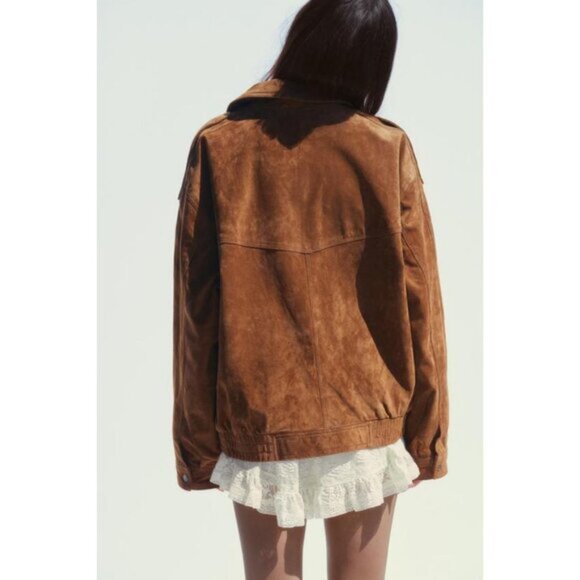 ZARA 100% SUEDE LEATHER BOMBER JACKET WITH POCKETS - Picture 6 of 9
